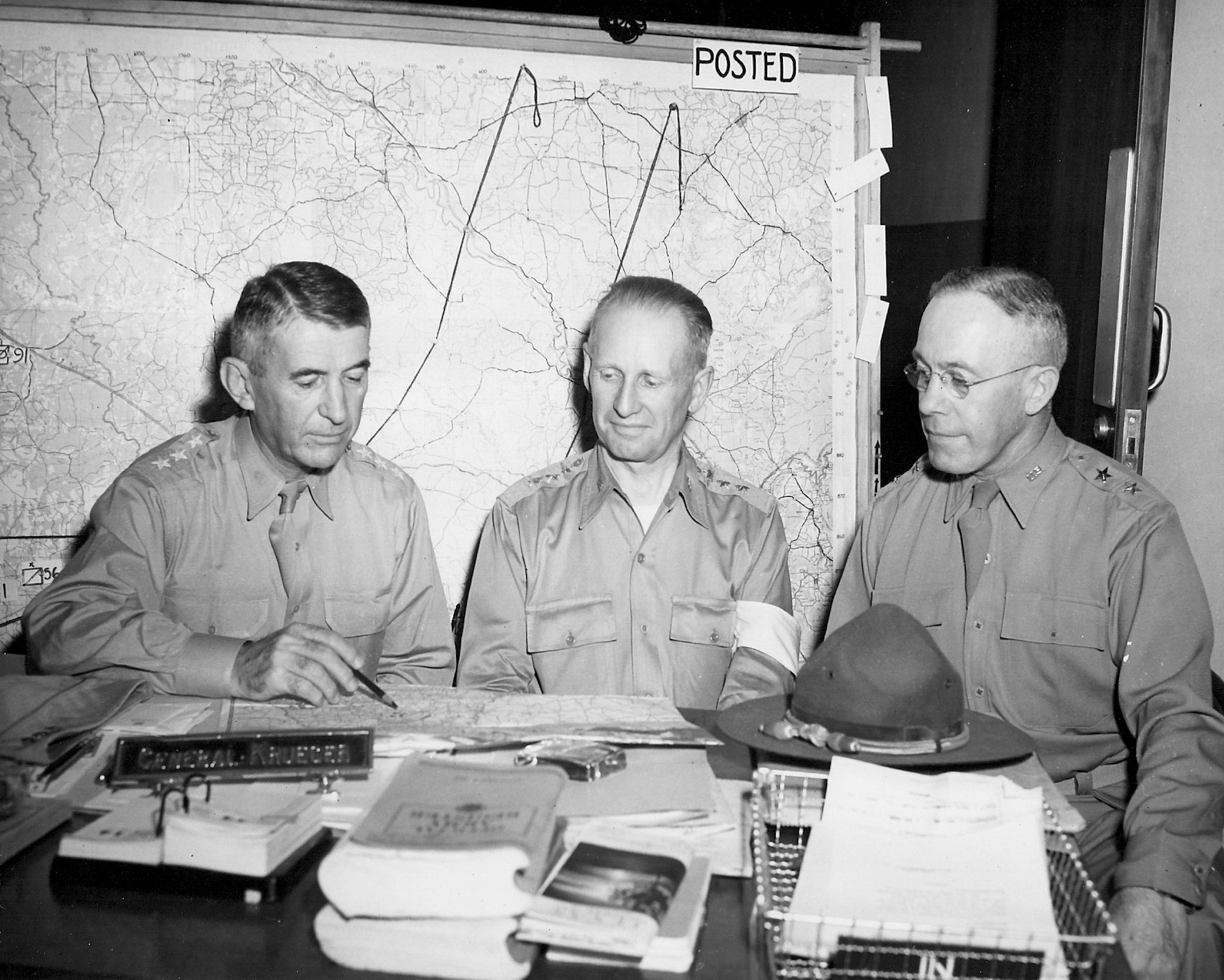 General Walter Krueger, General Leslie McNair, and General Herbert Dargue, during the Louisiana Maneuvers of 1941.